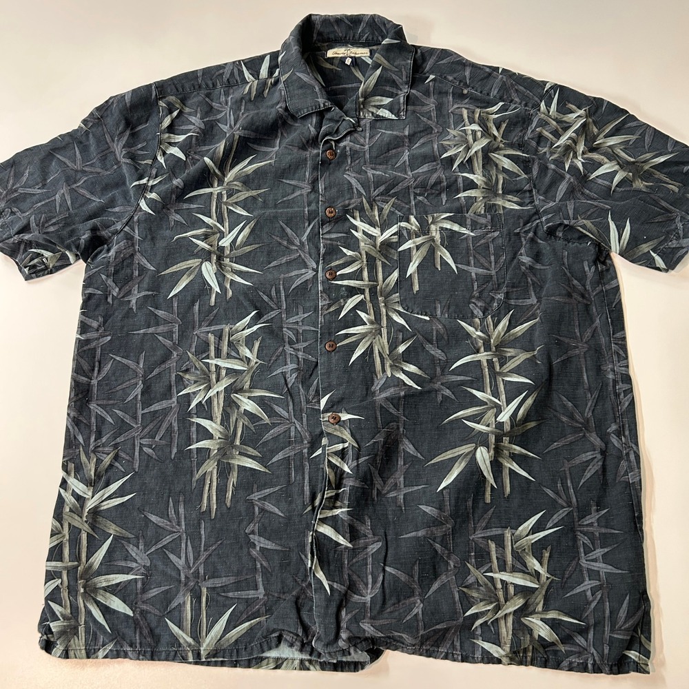 Tommy Bahama Mens XXL Silk Shirt Black Gray Bamboo Leaf Tropical Camp Button Up